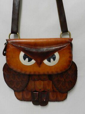 Owl leather purse brown Hippie Boho Artisan Crossbody bag purse adjust Vintage